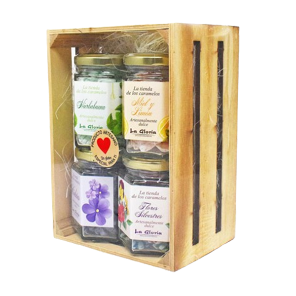 Caja de Madera con 4 Tarros Grageas de 110 gramos