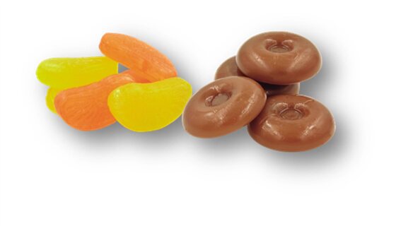 Caramelos duros de gajos de frutas y de café