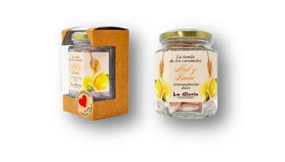 Tarro de cristal de caramelos de miel y limón con estuche de regalo